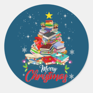 Pegatina Redonda Merry Christmas Tree Love Leer libros Bibliotecari
