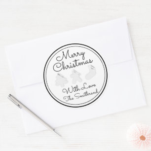 Pegatina Redonda Merry Christmas Tree Name Black White Modern
