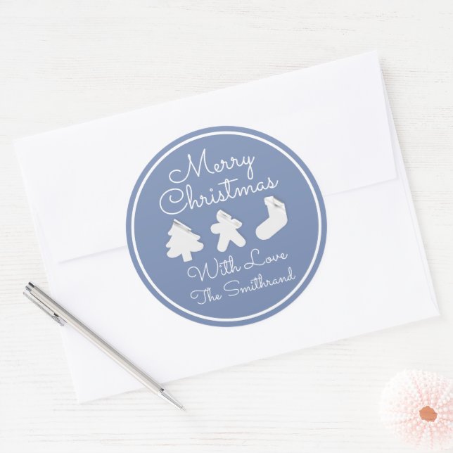 Pegatina Redonda Merry Christmas Tree Name Blue White Fraude (Sobre)