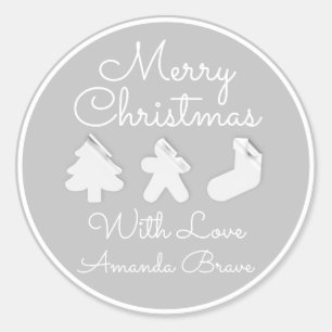 Pegatina Redonda Merry Christmas Tree Name Gray White Famed
