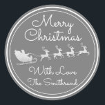 Pegatina Redonda Merry Christmas Tree Name Gray White Silver Sleigh<br><div class="desc">diseño florenceK</div>