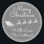 Pegatina Redonda Merry Christmas Tree Name Gray White Silver Sleigh<br><div class="desc">diseño florenceK</div>