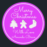 Pegatina Redonda Merry Christmas Tree Name Pink Violet Famed<br><div class="desc">diseño florenceK</div>