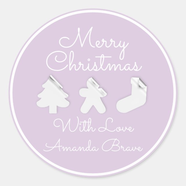 Pegatina Redonda Merry Christmas Tree Name Purple Lavender (Anverso)