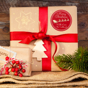 Pegatina Redonda Merry Christmas Tree Name Red Gold Santa Sleigh