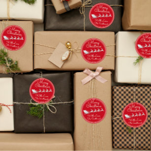 Pegatina Redonda Merry Christmas Tree Name Red Silver Santa Sleigh