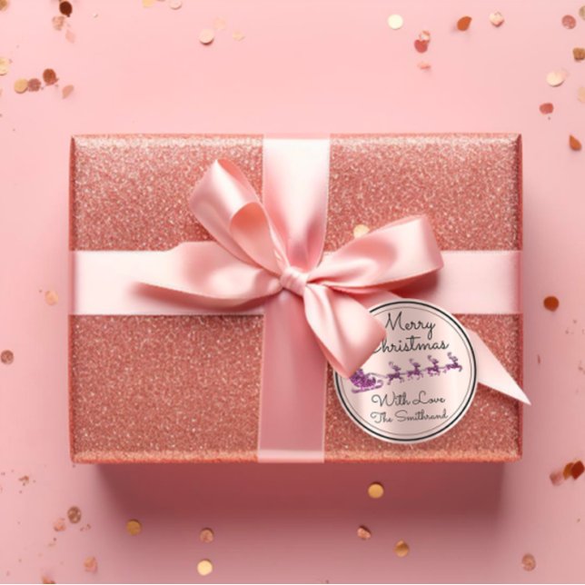 Pegatina Redonda Merry Christmas Tree Name Rosa Santa Sleigh Purple (Merry Christmas Tree Name Rose Santa Sleigh Purple Classic Round Sticke)