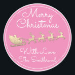 Pegatina Redonda Merry Christmas Tree Name Santa Sleigh Deer Pink<br><div class="desc">diseño florenceK</div>