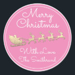Pegatina Redonda Merry Christmas Tree Name Santa Sleigh Deer Pink<br><div class="desc">diseño florenceK</div>