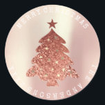 Pegatina Redonda Merry Christmas Tree Pink Rose Gold Pearly Pastel<br><div class="desc">Navidades Branding Decor Delicate script presenta este diseño. florenceK</div>