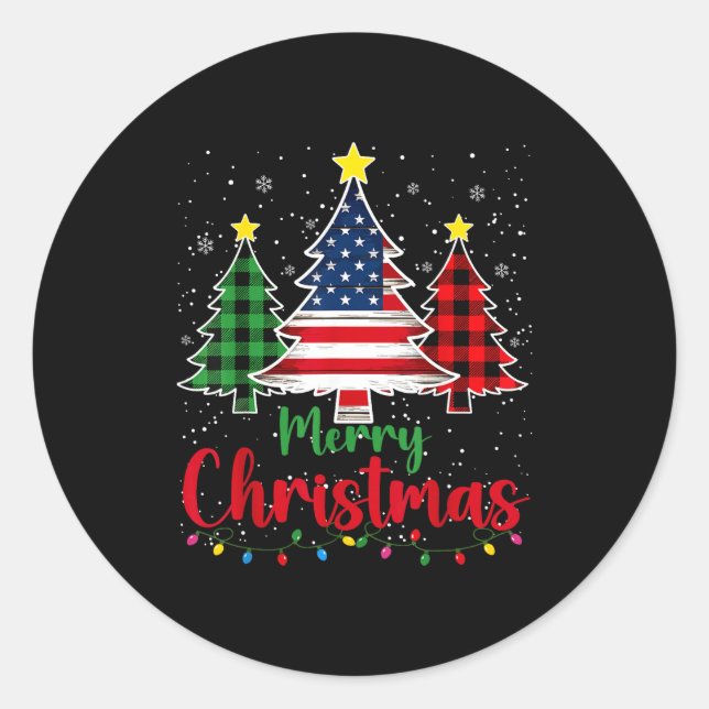 Pegatina Redonda Merry Christmas Tree Plaid Us Flag Snowflake Xmas  (Anverso)