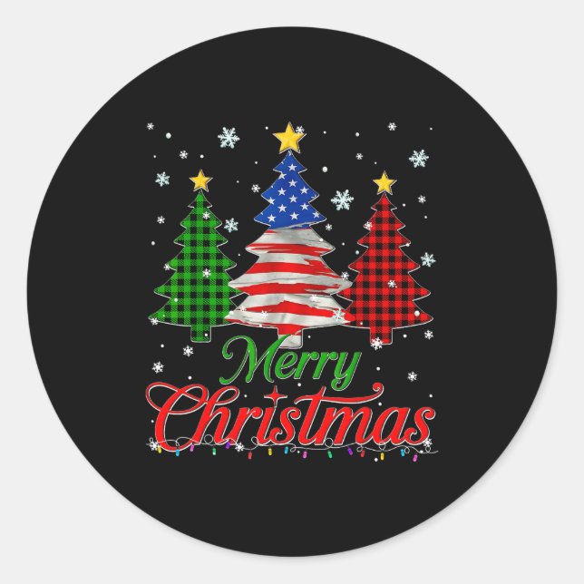 Pegatina Redonda Merry Christmas Tree Plaid Us Flag Snowflake Xmas  (Anverso)