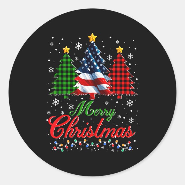 Pegatina Redonda Merry Christmas Tree Plaid Us Flag Snowflake Xmas  (Anverso)