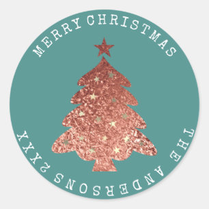 Pegatina Redonda Merry Christmas Tree Rosa Gold Verde azulada Paste
