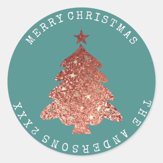 Pegatina Redonda Merry Christmas Tree Rosa Gold Verde azulada Paste (Anverso)