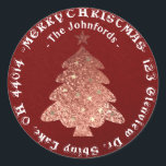 Pegatina Redonda Merry Christmas Tree RSVP Rosa Gold Kraft Burgundy<br><div class="desc">Navidades Branding Decor Delicate script presenta este diseño. florenceK</div>