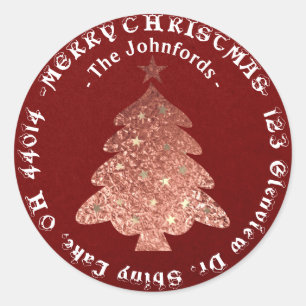 Pegatina Redonda Merry Christmas Tree RSVP Rosa Gold Kraft Burgundy