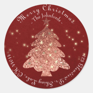 Pegatina Redonda Merry Christmas Tree RSVP Rosa Gold Kraft Burgundy