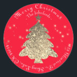Pegatina Redonda Merry Christmas Tree RSVP Rosa Gold Red Stars<br><div class="desc">Navidades Branding Decor Delicate script presenta este diseño. florenceK</div>