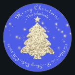 Pegatina Redonda Merry Christmas Tree RSVP Saludos Gold Blue<br><div class="desc">Navidades Branding Decor Delicate script presenta este diseño. florenceK</div>