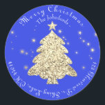 Pegatina Redonda Merry Christmas Tree RSVP Saludos Gold Blue<br><div class="desc">Navidades Branding Decor Delicate script presenta este diseño. florenceK</div>