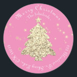 Pegatina Redonda Merry Christmas Tree RSVP Saludos Gold Pink<br><div class="desc">Navidades Branding Decor Delicate script presenta este diseño. florenceK</div>
