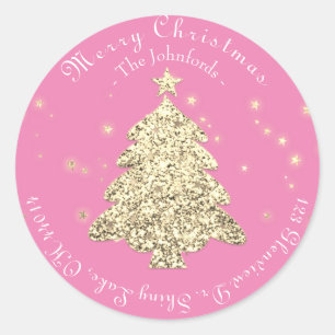 Pegatina Redonda Merry Christmas Tree RSVP Saludos Gold Pink