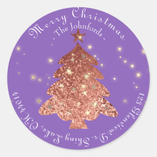 Pegatina Redonda Merry Christmas Tree RSVP Saludos Gold Purple