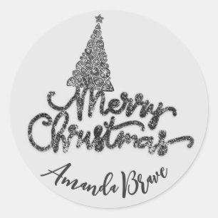 Pegatina Redonda Merry Christmas Tree Script Name Black Diamond