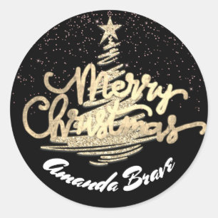 Pegatina Redonda Merry Christmas Tree Script Name Gold Black