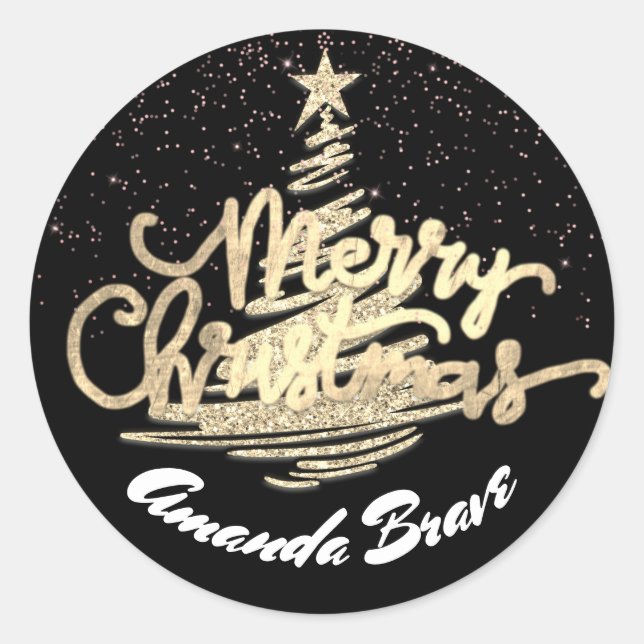 Pegatina Redonda Merry Christmas Tree Script Name Gold Black (Anverso)