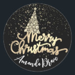 Pegatina Redonda Merry Christmas Tree Script Name Gold BlackDiamond<br><div class="desc">diseño florenceK</div>