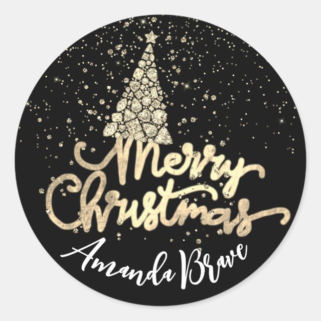 Pegatina Redonda Merry Christmas Tree Script Name Gold BlackDiamond (Anverso)