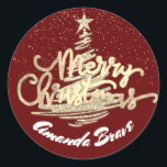 Pegatina Redonda Merry Christmas Tree Script Name Gold Burgundy<br><div class="desc">diseño florenceK</div>