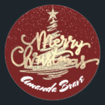 Pegatina Redonda Merry Christmas Tree Script Name Gold Burgundy<br><div class="desc">diseño florenceK</div>