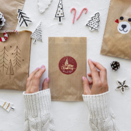 Pegatina Redonda Merry Christmas Tree Script Name Gold Burgundyy