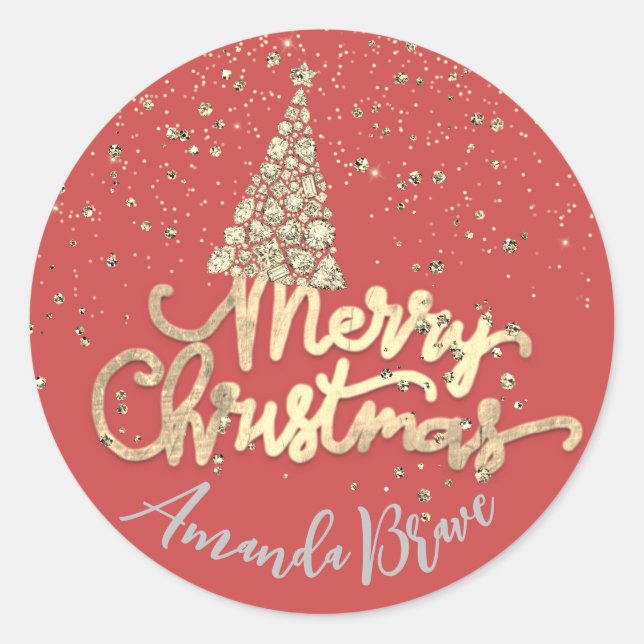 Pegatina Redonda Merry Christmas Tree Script Name Gold Naranja Red (Anverso)