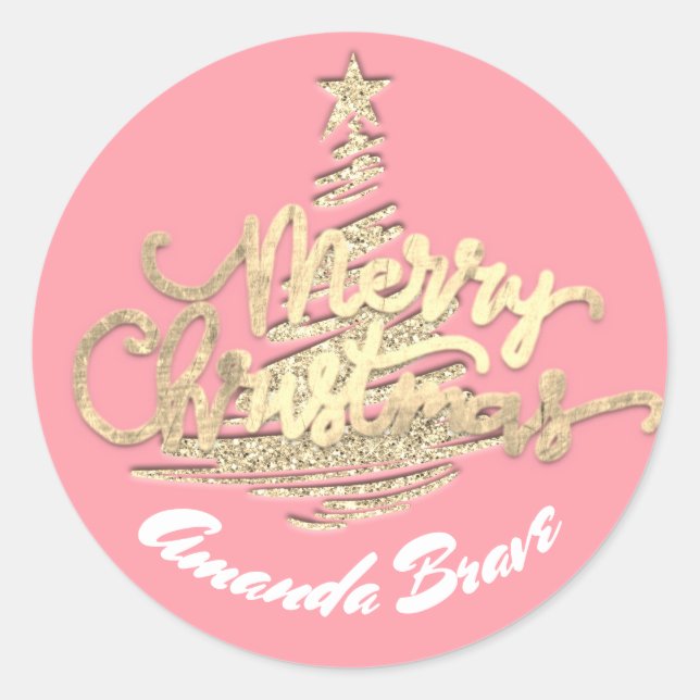 Pegatina Redonda Merry Christmas Tree Script Name Gold Pink (Anverso)