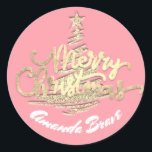 Pegatina Redonda Merry Christmas Tree Script Name Gold Pink<br><div class="desc">diseño florenceK</div>