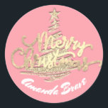 Pegatina Redonda Merry Christmas Tree Script Name Gold Pink<br><div class="desc">diseño florenceK</div>