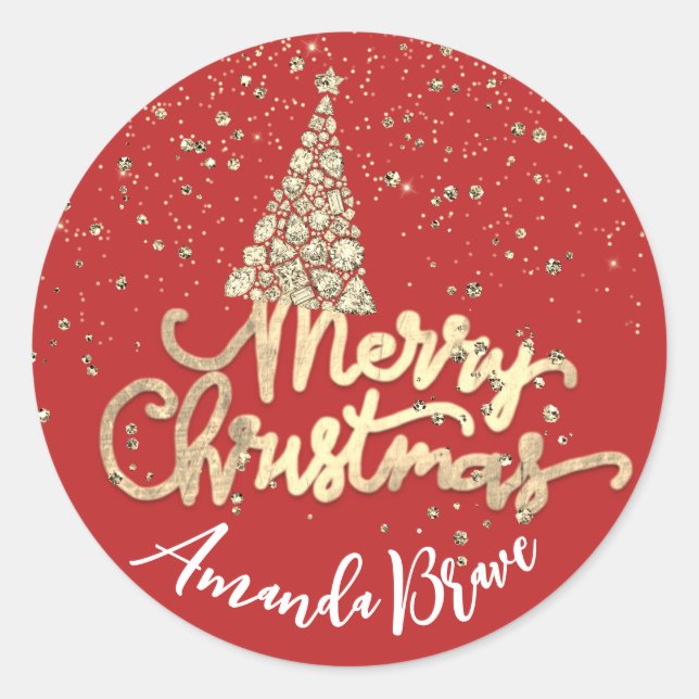 Pegatina Redonda Merry Christmas Tree Script Name Gold Red (Anverso)