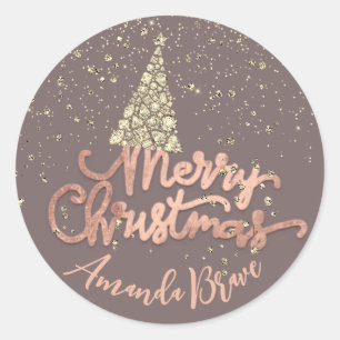 Pegatina Redonda Merry Christmas Tree Script Name Rosa Gold Diamond