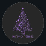 Pegatina Redonda Merry Christmas Tree Stars Black Metallic Purple<br><div class="desc">Feliz texto de Navidad Árbol de Navidad Estrellas fondo negro brillante Pegatinas de Moda púrpura metálico</div>