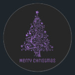Pegatina Redonda Merry Christmas Tree Stars Black Metallic Purple<br><div class="desc">Feliz texto de Navidad Árbol de Navidad Estrellas fondo negro brillante Pegatinas de Moda púrpura metálico</div>