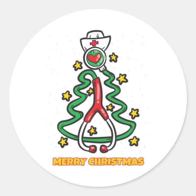 Pegatina Redonda Merry Christmas Tree Stethoscope Pine Nurs (Anverso)