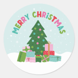 Pegatina Redonda Merry Christmas Tree with Gifts in Aqua Blue