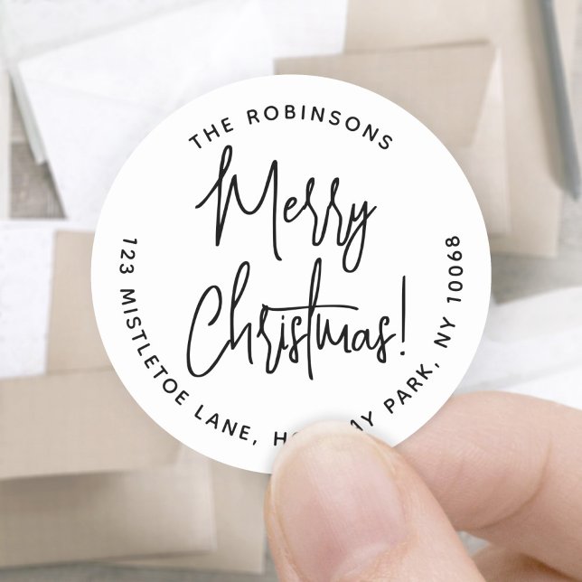 Pegatina Redonda Merry Christmas Trendy Script Round Return Address (Subido por el creador)
