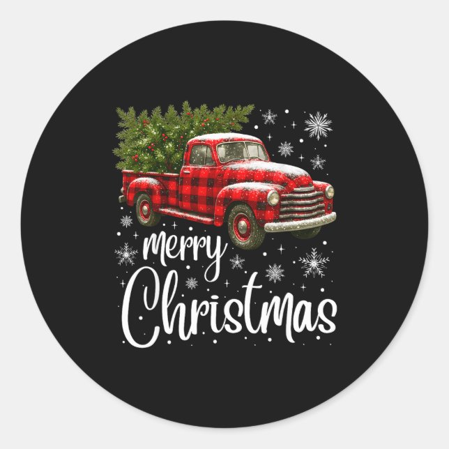 Pegatina Redonda Merry Christmas Truck Buffalo Plaid Xmas Tree Men  (Anverso)