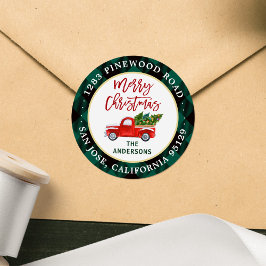 Pegatina Redonda Merry Christmas Truck Green Plaid Return Address