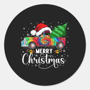 Pegatina Redonda Merry Christmas Truck Tree Santa Hat ilumina Match